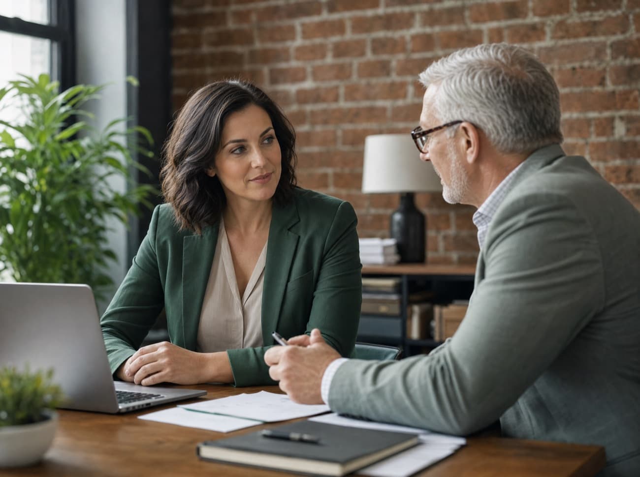 Two brokers talking over paperwork in a small independent brokerage office