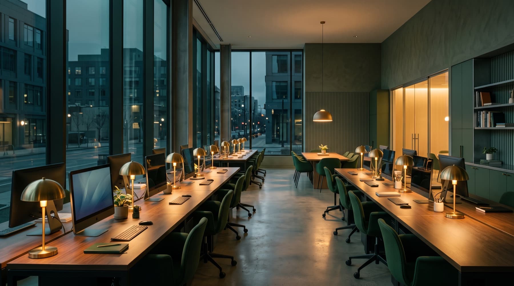 A brokerage office interior at dusk