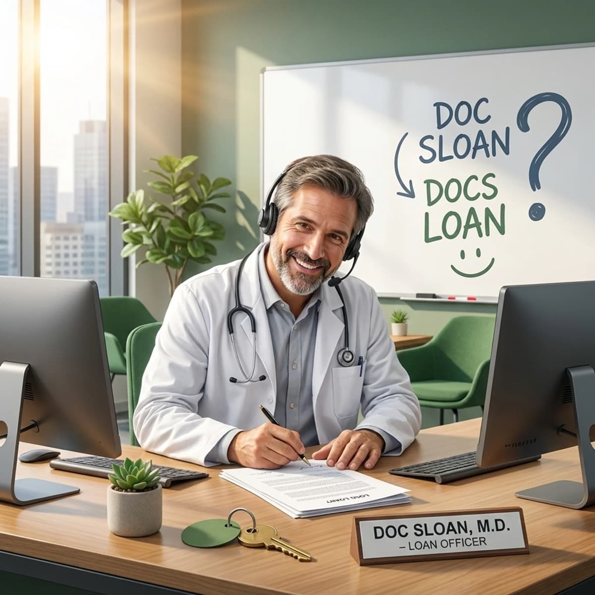 A cartoon of a smiling man in a doctor's lab coat and stethoscope working at a loan officer's desk. The whiteboard behind him corrects the words Doc Sloan to Docs Loan, and the nameplate on the desk reads Doc Sloan, M.D., Loan Officer.