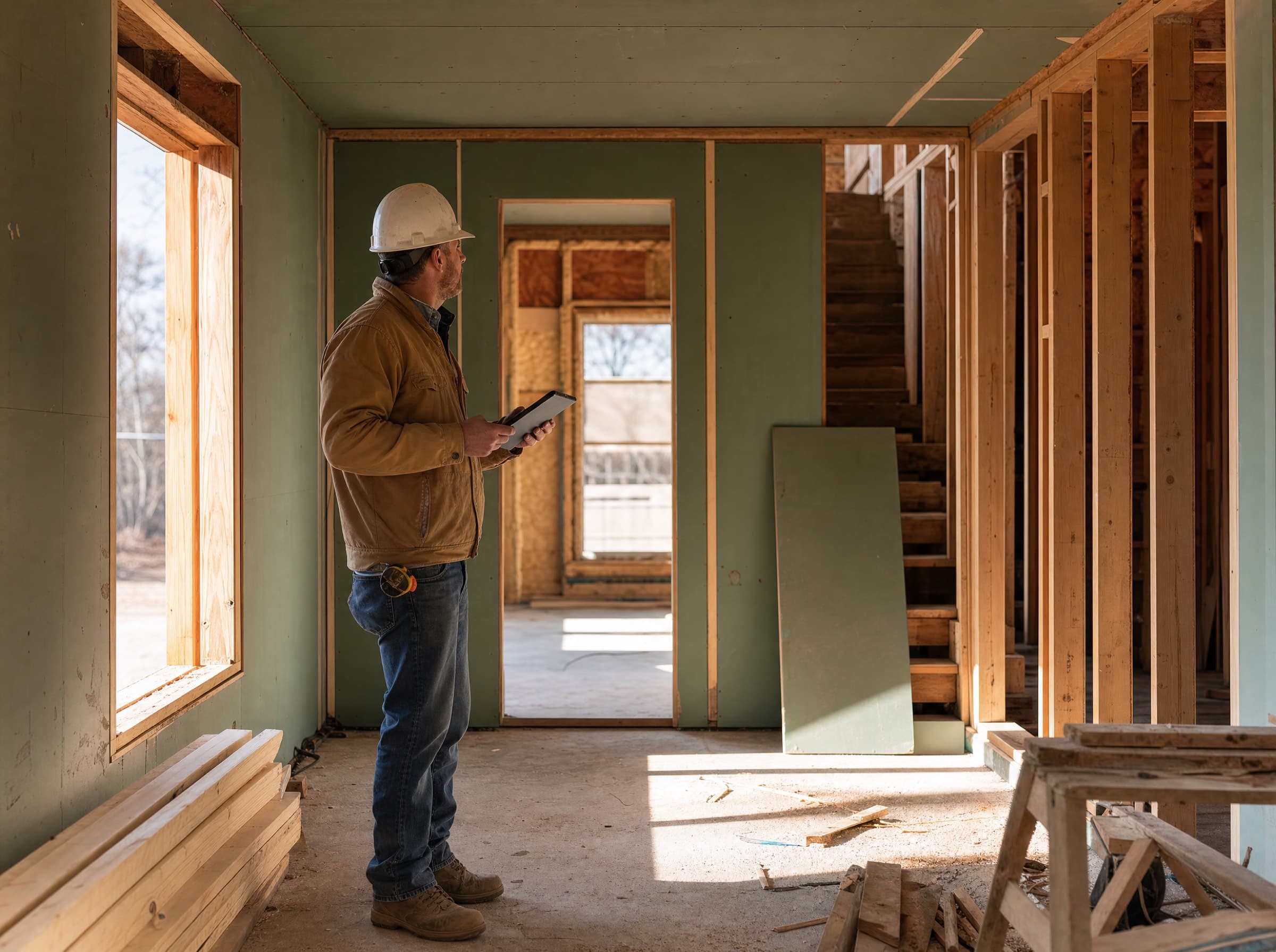 A construction supervisor reviewing framing and new drywall inside a house under renovation