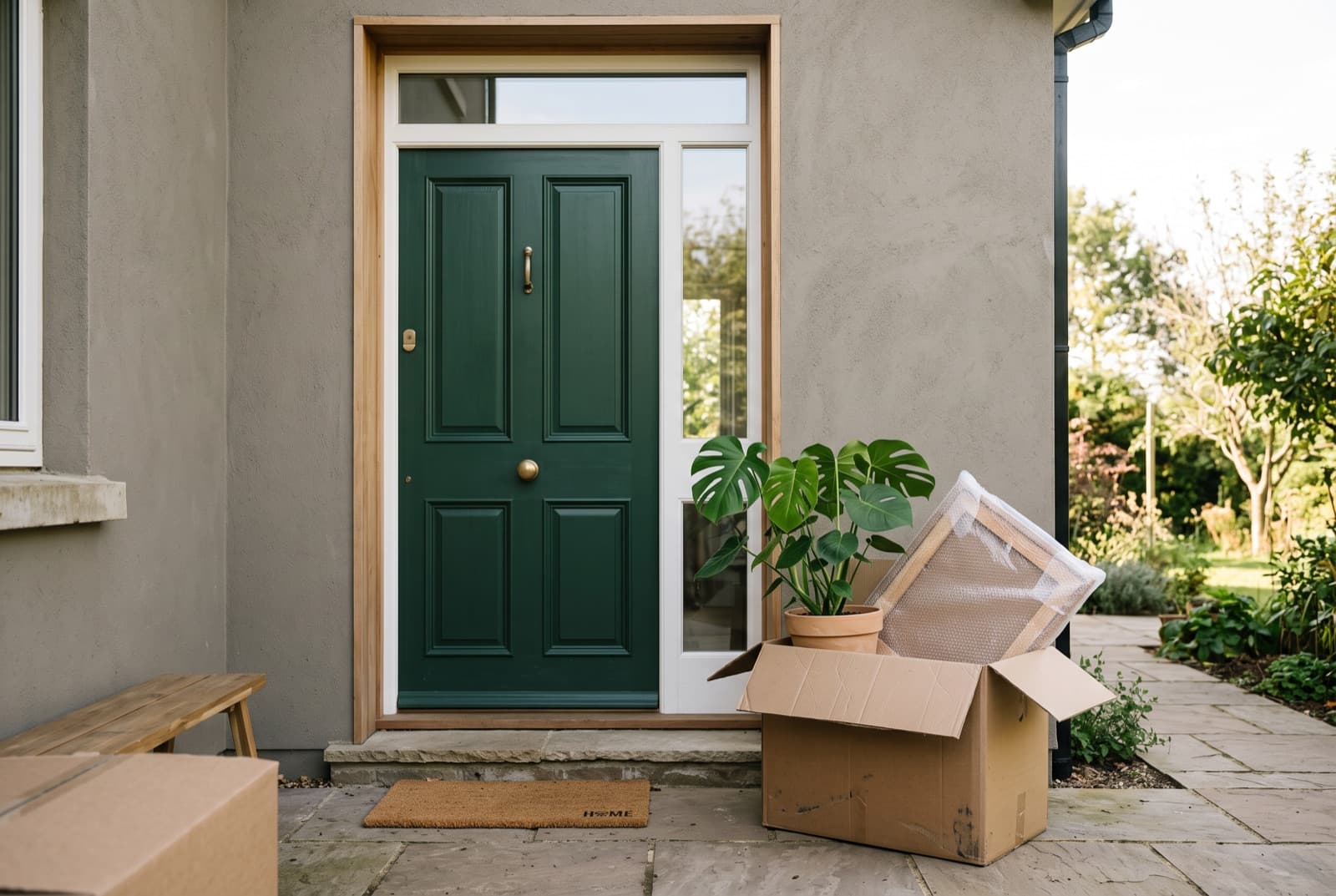 Moving boxes on the doorstep of a home with a green front door
