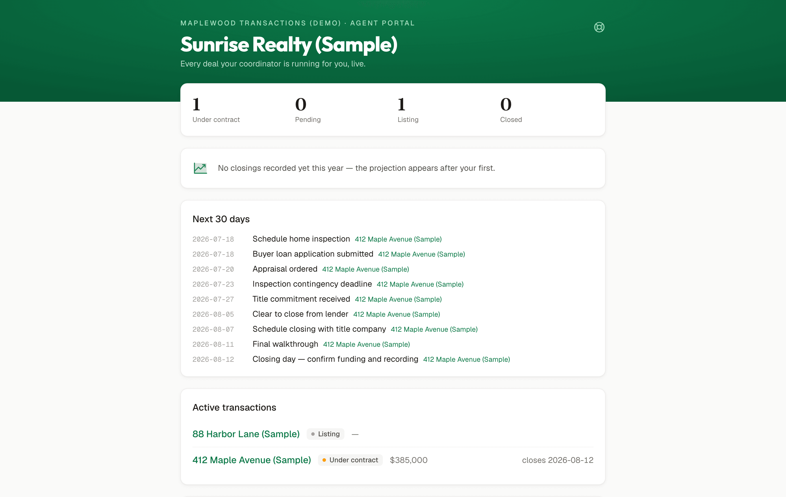 Managed agent portal with pipeline stats, on-track projection, and upcoming dates