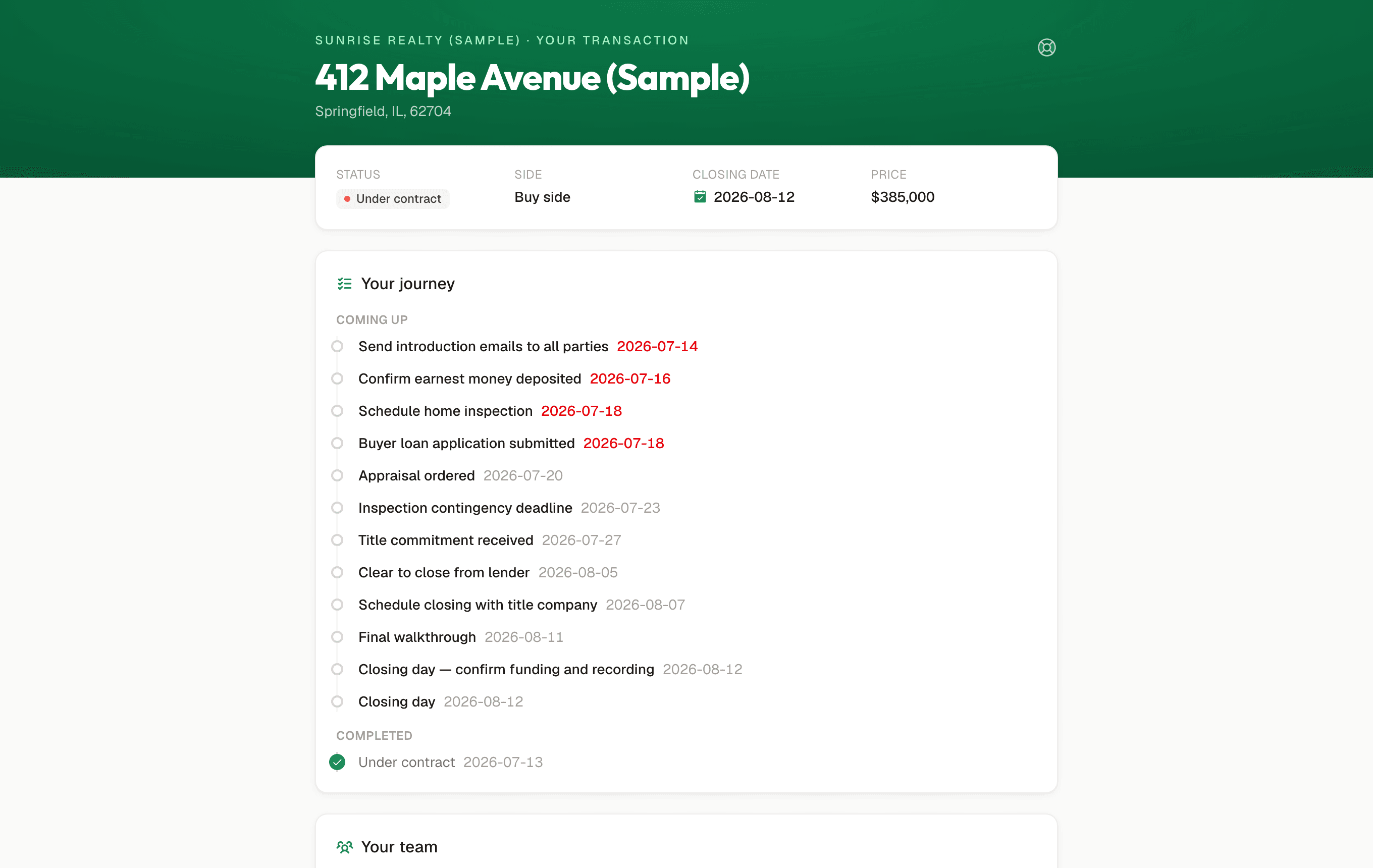 Buyer and seller portal with a milestone timeline and deal team