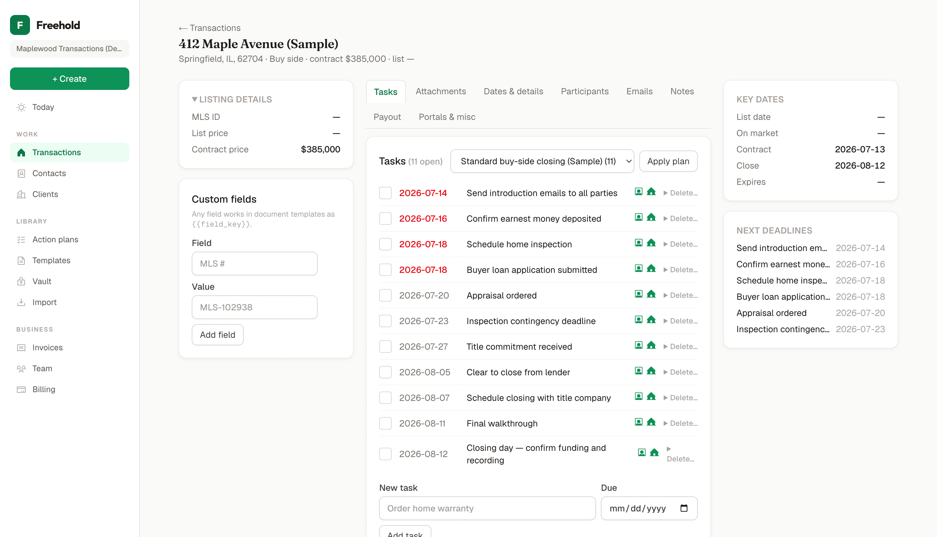 Transaction workspace with listing details, tabbed tasks, and key dates in three columns